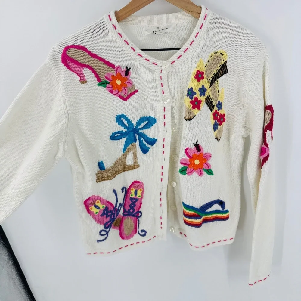 Vintage Thyme Cream Knit Cardigan Shoes Butterfly Novelty Size M Embroidered‎